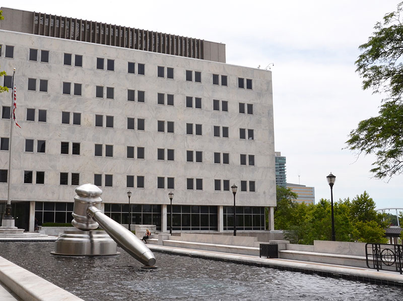 Ohio Supreme Court photo showing the building and gavel in the fountain