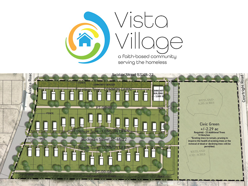 Vista Village logo with a sketch of the land