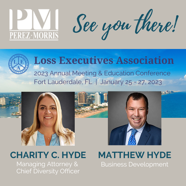 Graphic announcing that Charity C. Hyde and Matthew Hyde To Attend Loss Executive Association 2023 Conference