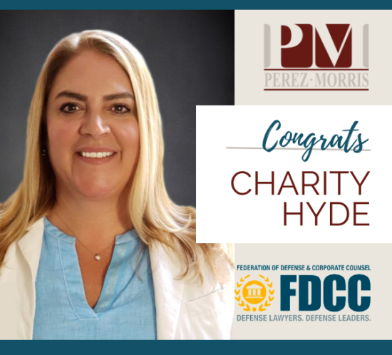 Graphic announcing that Charity Hyde has been elected as a member of the Federation of Defense and Corporate Counsel (FDCC)
