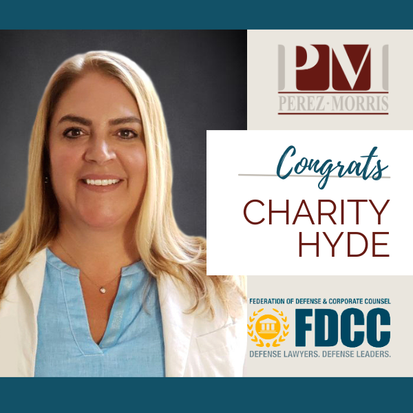 Graphic announcing that Charity Hyde has been elected as a member of the Federation of Defense and Corporate Counsel (FDCC)