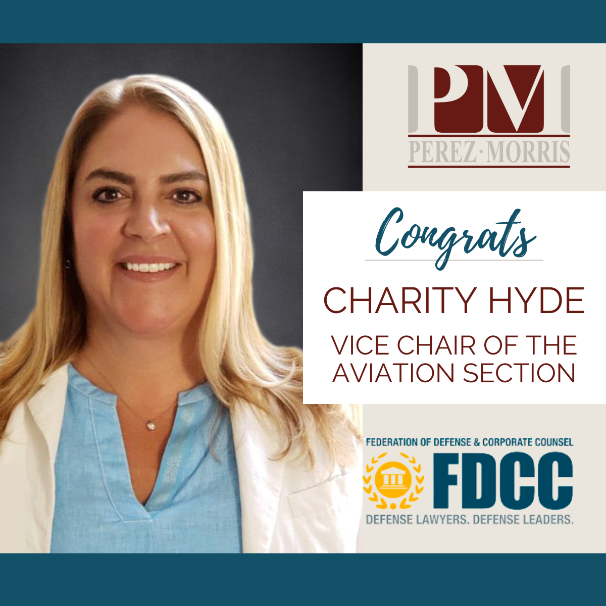 Charity Hyde Elected as Vice Chair of the Aviation Section of the Federation of Defense and Corporate Counsel graphic