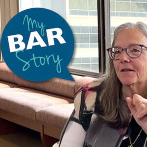 Kerin Kaminski featured on the Cleveland Metropolitan Bar Association podcast My BarStory, graphic with Kerin and the podcast logo
