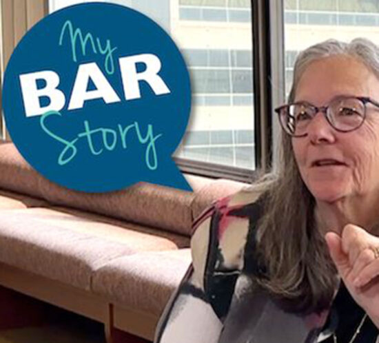 Kerin Kaminski featured on the Cleveland Metropolitan Bar Association podcast My BarStory, graphic with Kerin and the podcast logo