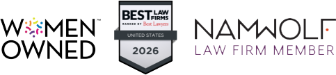 Perez Morris Badges showing WomenOwned, Best Law Firms and NAMWOLF